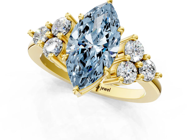 Yellow gold Fancy Blue Marquise Cut Brilliant Diamond Cluster Accent Solitaire Ring with Prong Setting