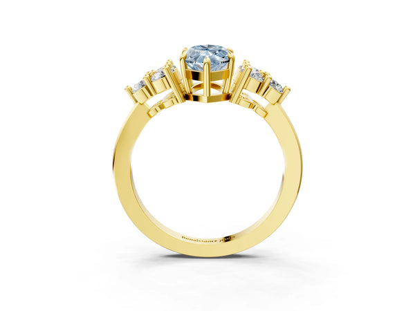 Yellow gold Fancy Blue Marquise Cut Brilliant Diamond Cluster Accent Solitaire Ring with Prong Setting