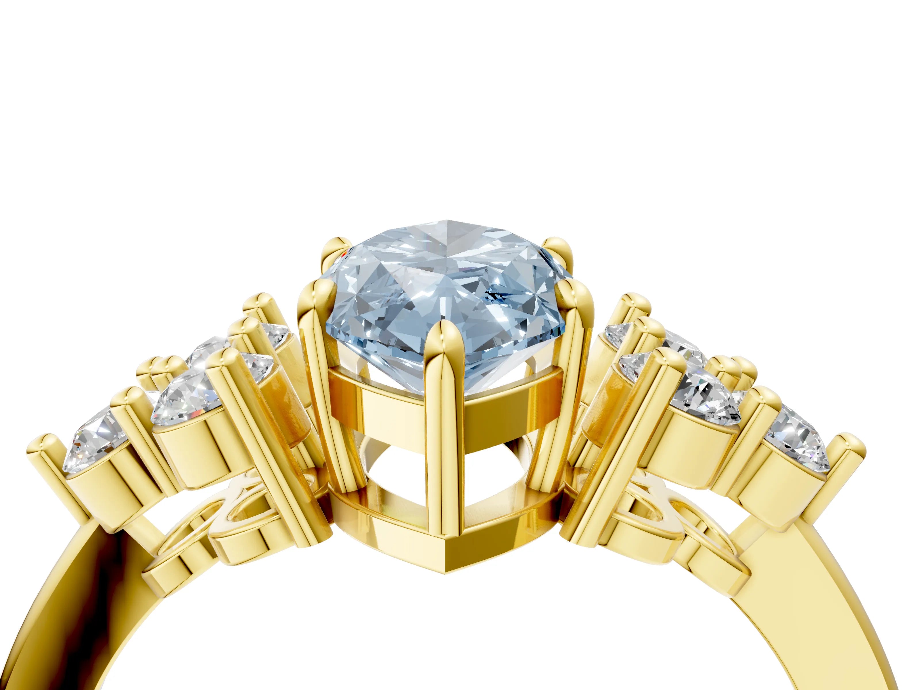 Yellow gold Fancy Blue Marquise Cut Brilliant Diamond Cluster Accent Solitaire Ring with Prong Setting_4