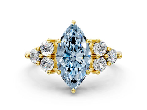 Yellow gold Fancy Blue Marquise Cut Brilliant Diamond Cluster Accent Solitaire Ring with Prong Setting