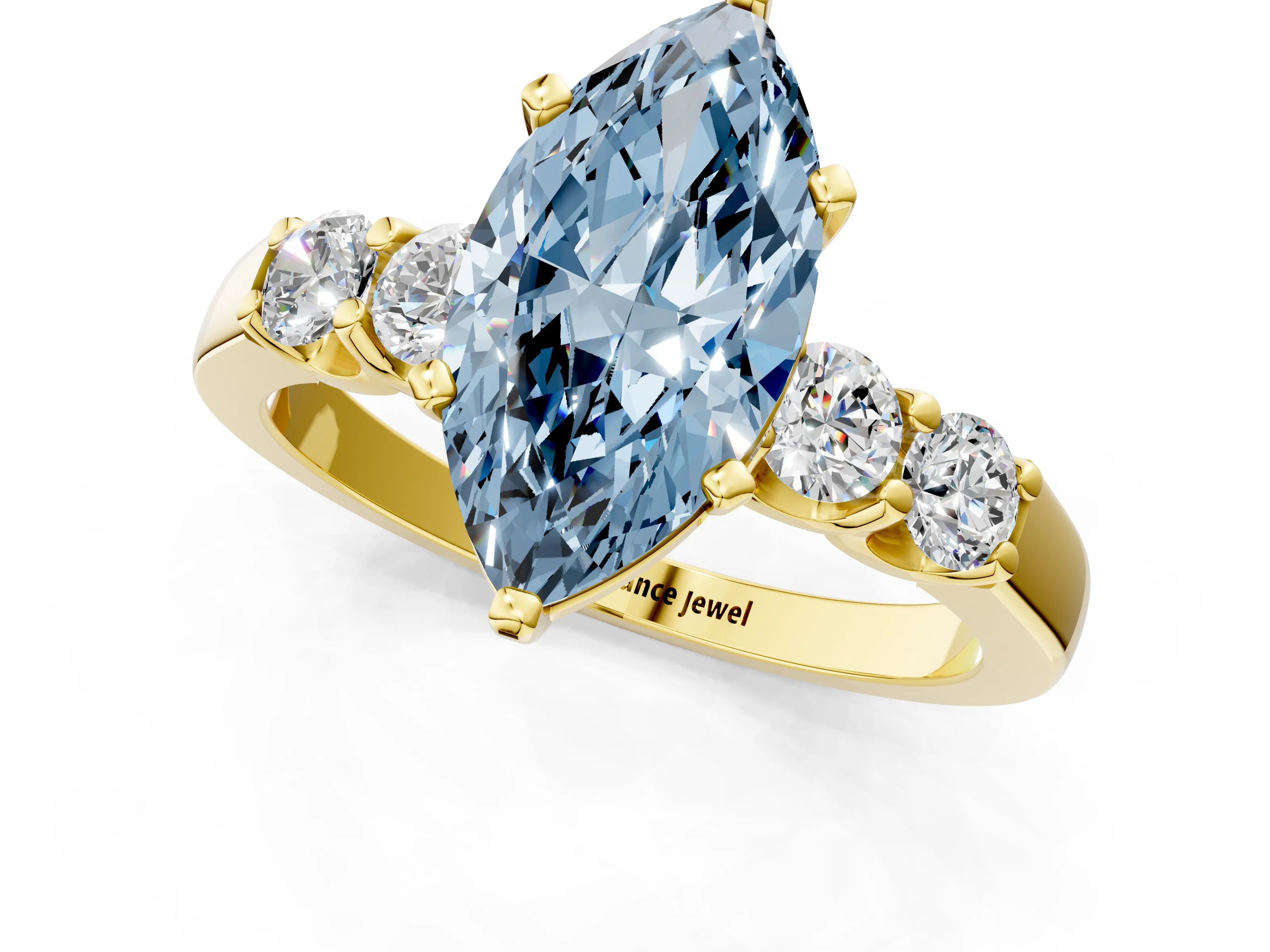 Yellow gold Fancy Blue Marquise Cut Brilliant Diamond Five-Stone Engagement Ring with Prong Setting on a Classic Band_4