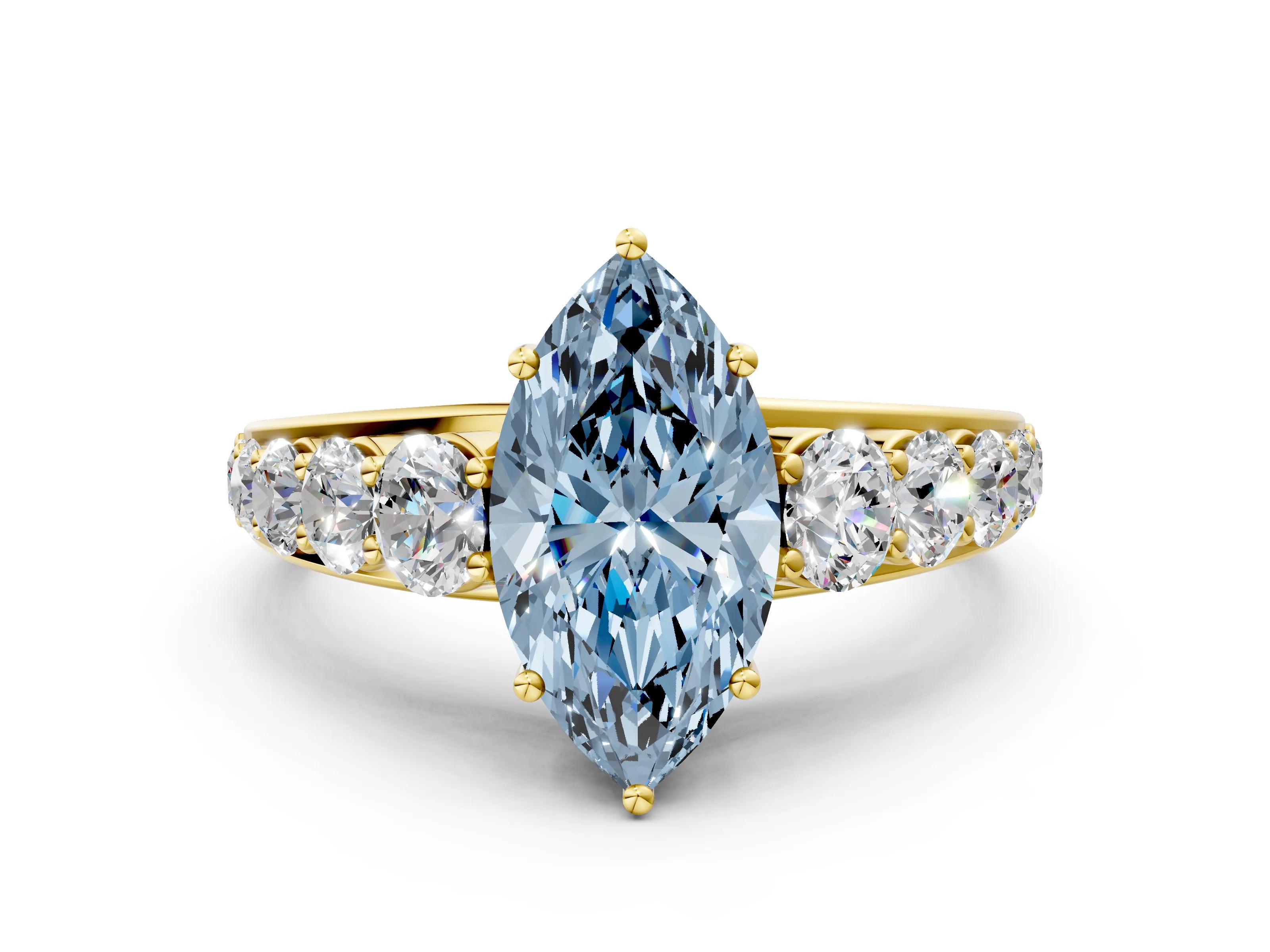 Yellow gold Fancy Blue Marquise Cut Brilliant Diamond Pavé Band with Six-Prong Setting