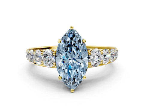 Yellow gold Fancy Blue Marquise Cut Brilliant Diamond Pavé Band with Six-Prong Setting