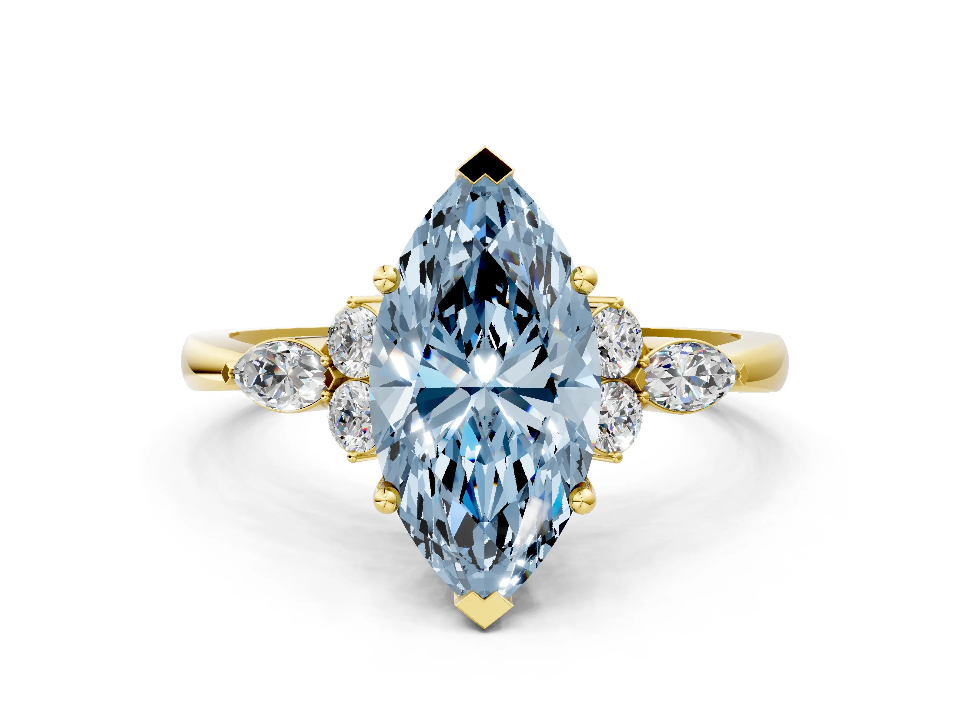 Yellow gold Fancy Blue Marquise Cut Brilliant Diamond Solitaire Ring with Pear Side Stones and Four-Prong Setting_3