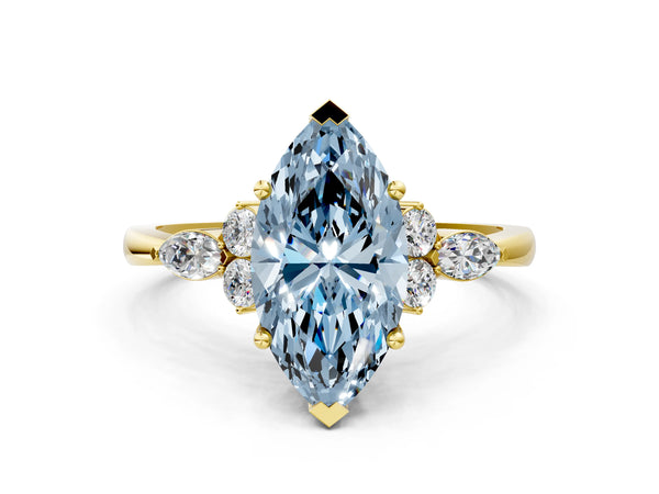 Yellow gold Fancy Blue Marquise Cut Brilliant Diamond Solitaire Ring with Pear Side Stones and Four-Prong Setting