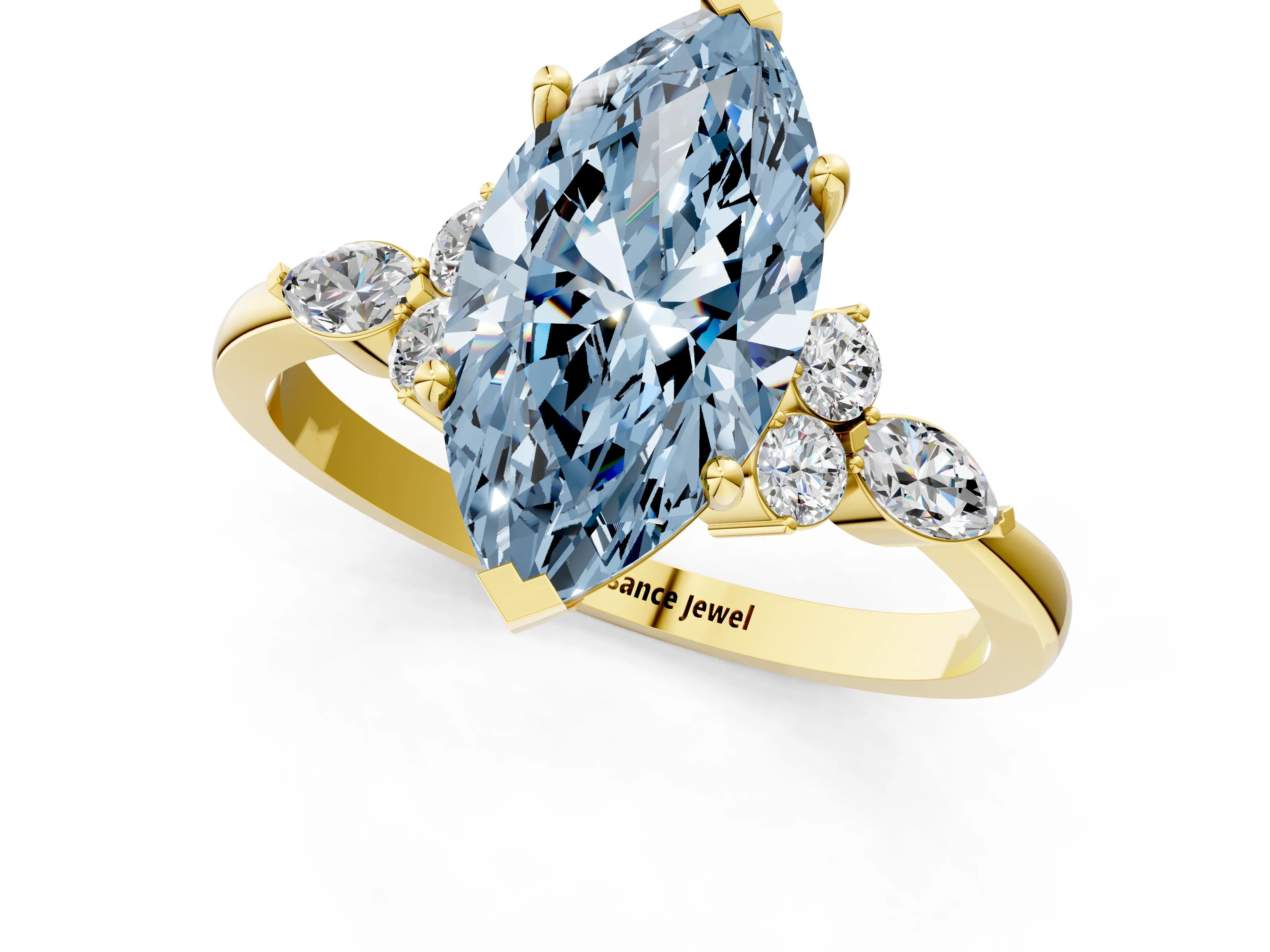 Yellow gold Fancy Blue Marquise Cut Brilliant Diamond Solitaire Ring with Pear Side Stones and Four-Prong Setting_4