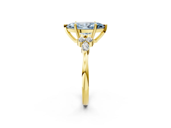 Yellow gold Fancy Blue Marquise Cut Brilliant Diamond Solitaire Ring with Pear Side Stones and Four-Prong Setting