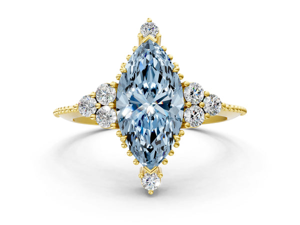 Yellow gold Fancy Blue Marquise Cut Brilliant Diamond with Cluster Setting on a Beaded Band and Four-Prong Setting