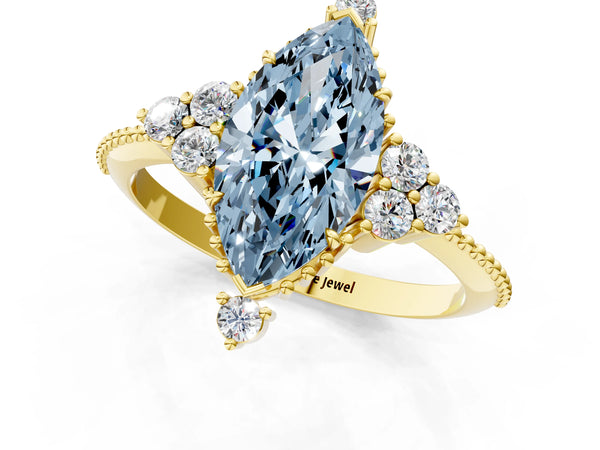 Yellow gold Fancy Blue Marquise Cut Brilliant Diamond with Cluster Setting on a Beaded Band and Four-Prong Setting