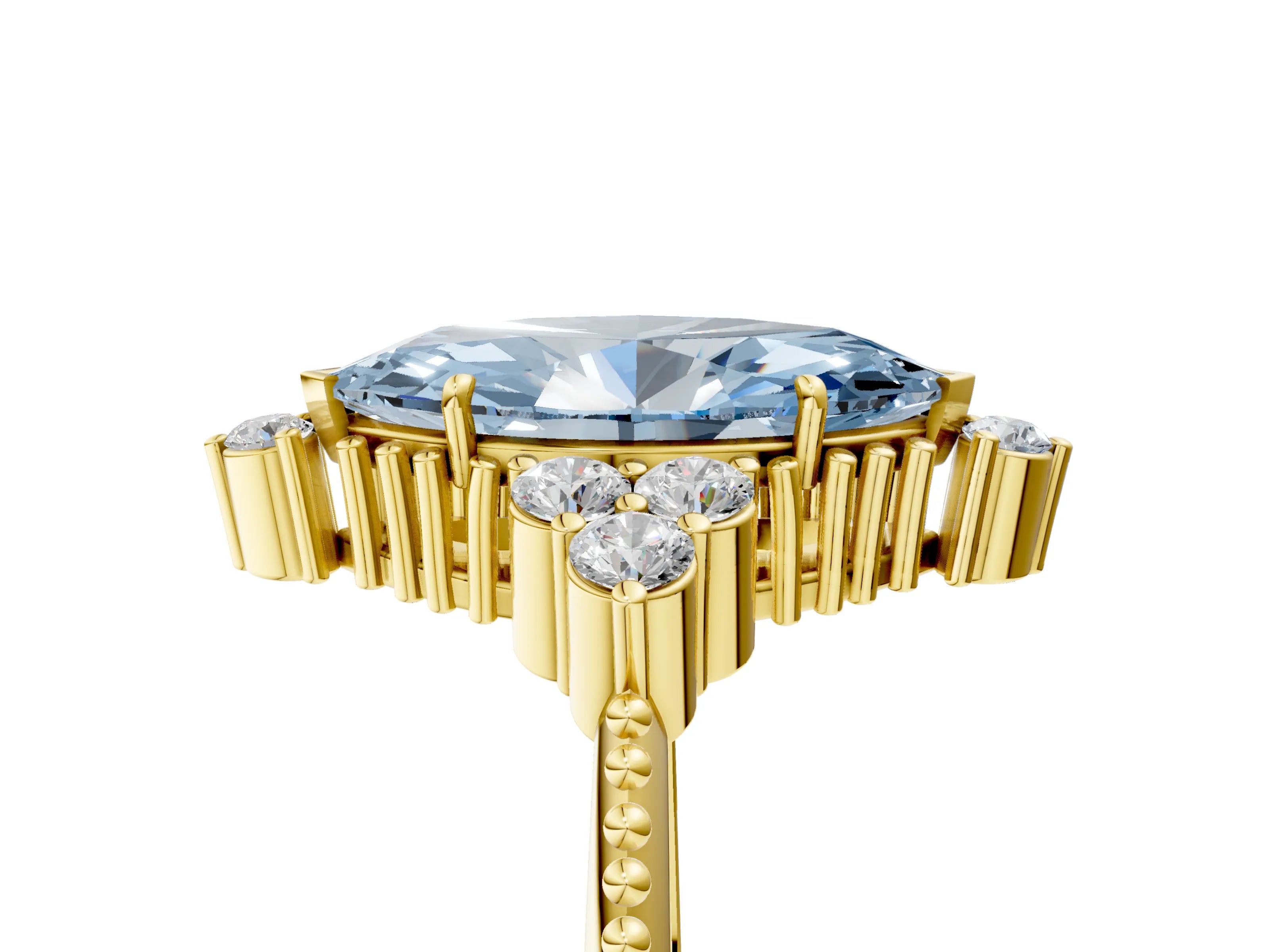 Yellow gold Fancy Blue Marquise Cut Brilliant Diamond with Cluster Setting on a Beaded Band and Four-Prong Setting_5