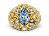 Yellow gold Fancy Blue Marquise Cut Brilliant Halo Pave Diamond Milgrain Ring