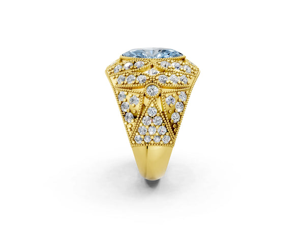 Yellow gold Fancy Blue Marquise Cut Brilliant Halo Pave Diamond Milgrain Ring