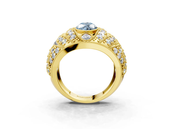 Yellow gold Fancy Blue Marquise Cut Brilliant Halo Pave Diamond Milgrain Ring