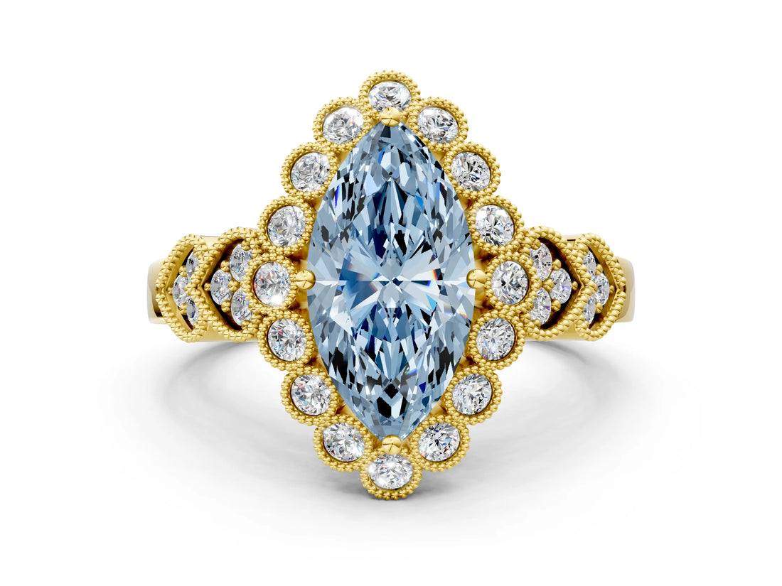 Yellow gold Fancy Blue Marquise Cut Brilliant Milgrain Pave Heart Band Solitaire Ring