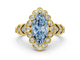 Yellow gold Fancy Blue Marquise Cut Brilliant Milgrain Pave Heart Band Solitaire Ring
