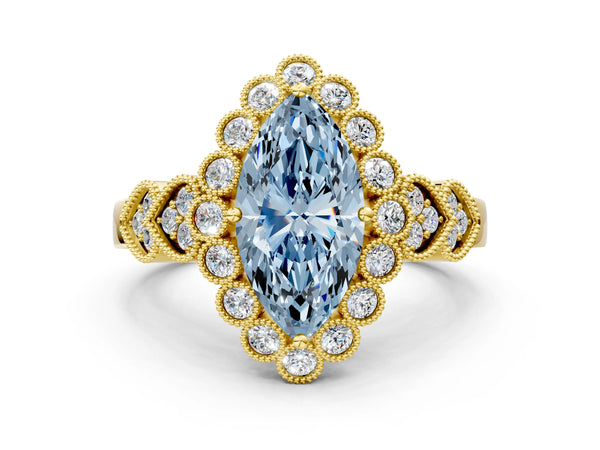 Yellow gold Fancy Blue Marquise Cut Brilliant Milgrain Pave Heart Band Solitaire Ring