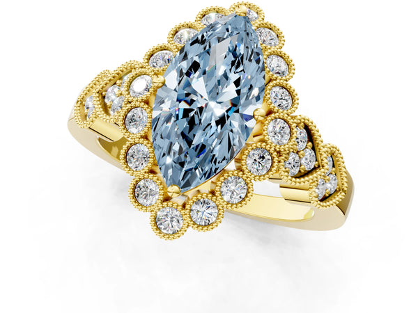 Yellow gold Fancy Blue Marquise Cut Brilliant Milgrain Pave Heart Band Solitaire Ring