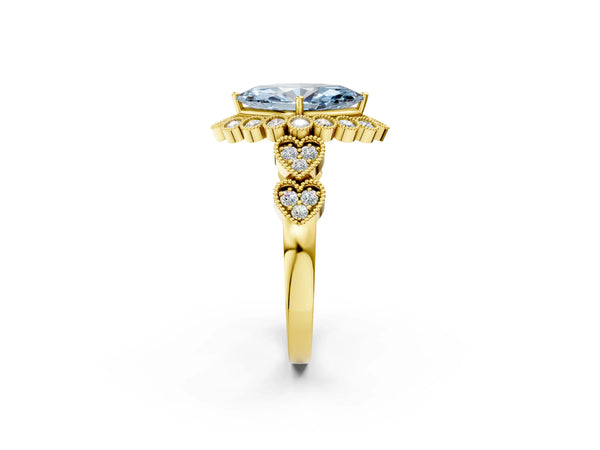 Yellow gold Fancy Blue Marquise Cut Brilliant Milgrain Pave Heart Band Solitaire Ring