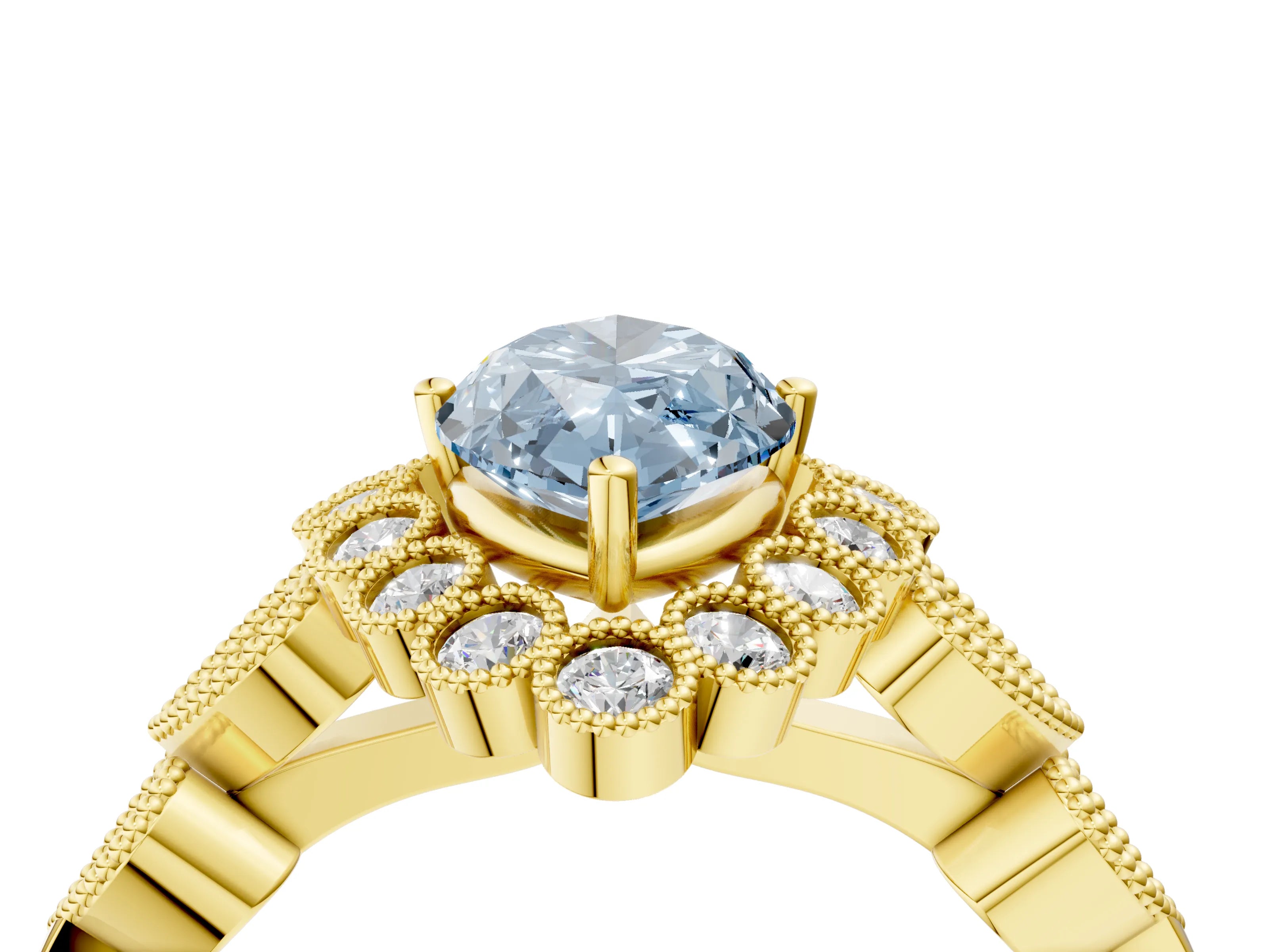 Yellow gold Fancy Blue Marquise Cut Brilliant Milgrain Pave Heart Band Solitaire Ring_4