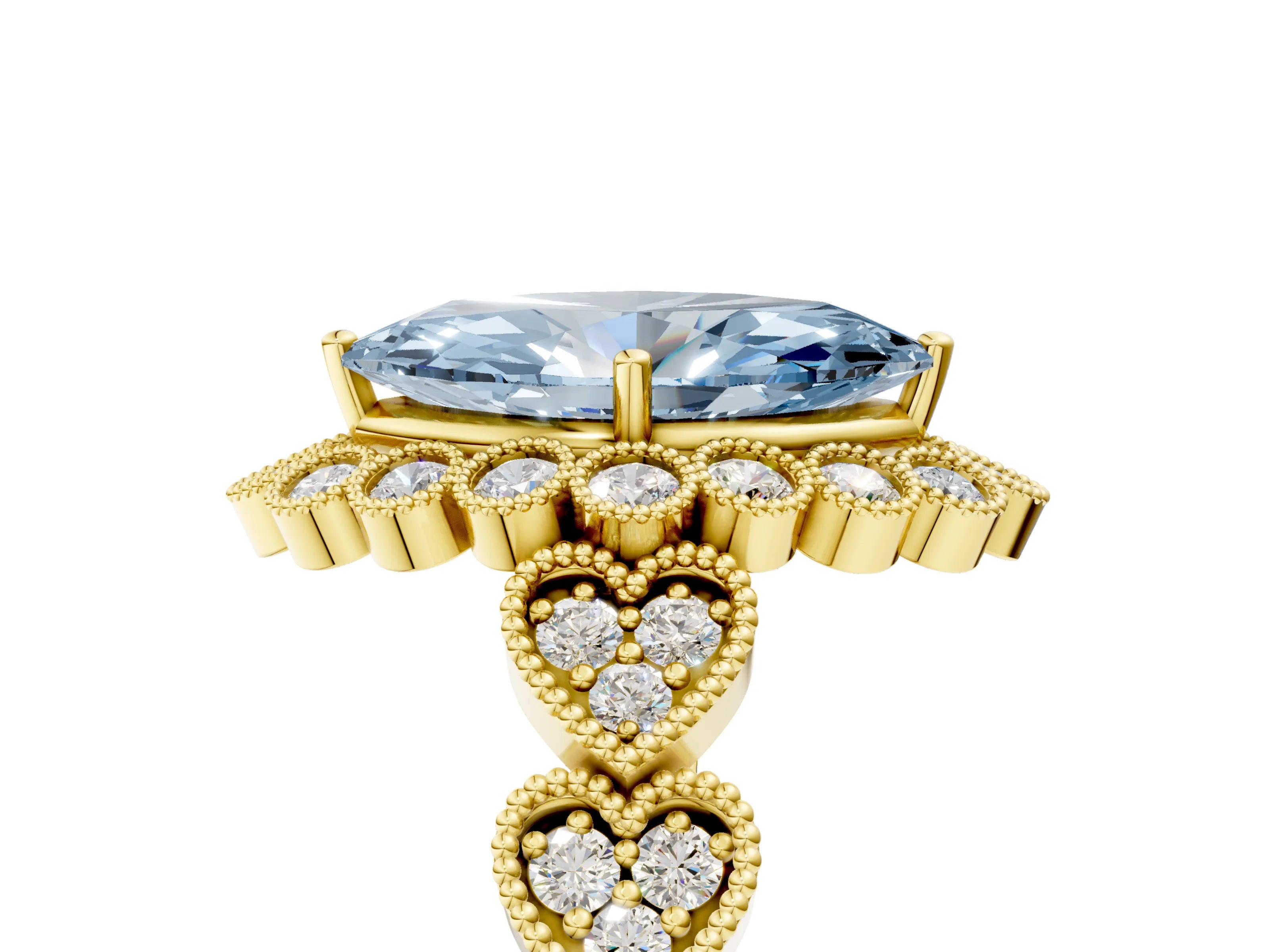 Yellow gold Fancy Blue Marquise Cut Brilliant Milgrain Pave Heart Band Solitaire Ring_5