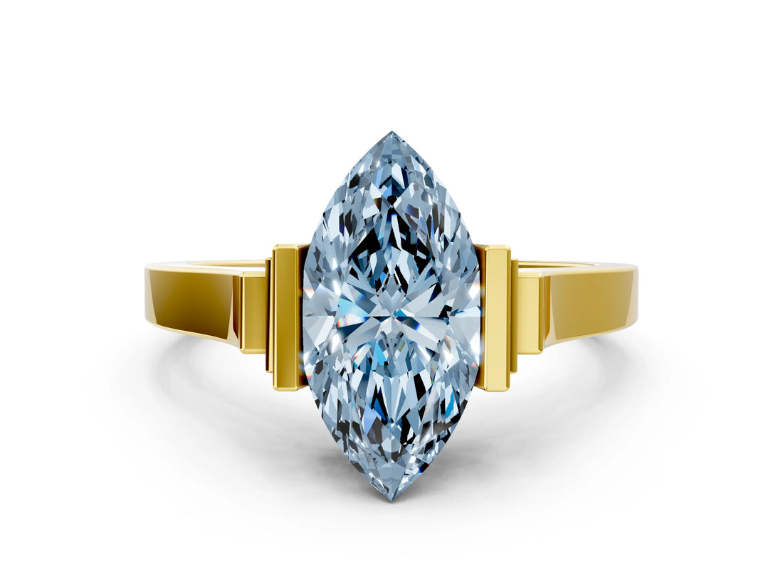 Yellow gold Fancy Blue Marquise Cut Brilliant Solitaire Diamond Ring with Channel Set Band and Bar Prong Setting_12