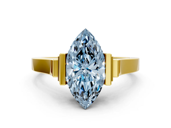 Yellow gold Fancy Blue Marquise Cut Brilliant Solitaire Diamond Ring with Channel Set Band and Bar Prong Setting