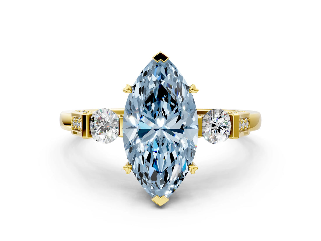 Yellow gold Fancy Blue Marquise Cut Brilliant Three-Stone Pave Band with Four-Prong Setting