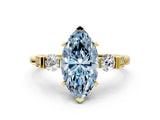 Yellow gold Fancy Blue Marquise Cut Brilliant Three-Stone Pave Band with Four-Prong Setting