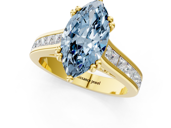 Yellow gold Fancy Blue Marquise  Cut Channel Set Solitaire Engagement Ring with Prong Setting