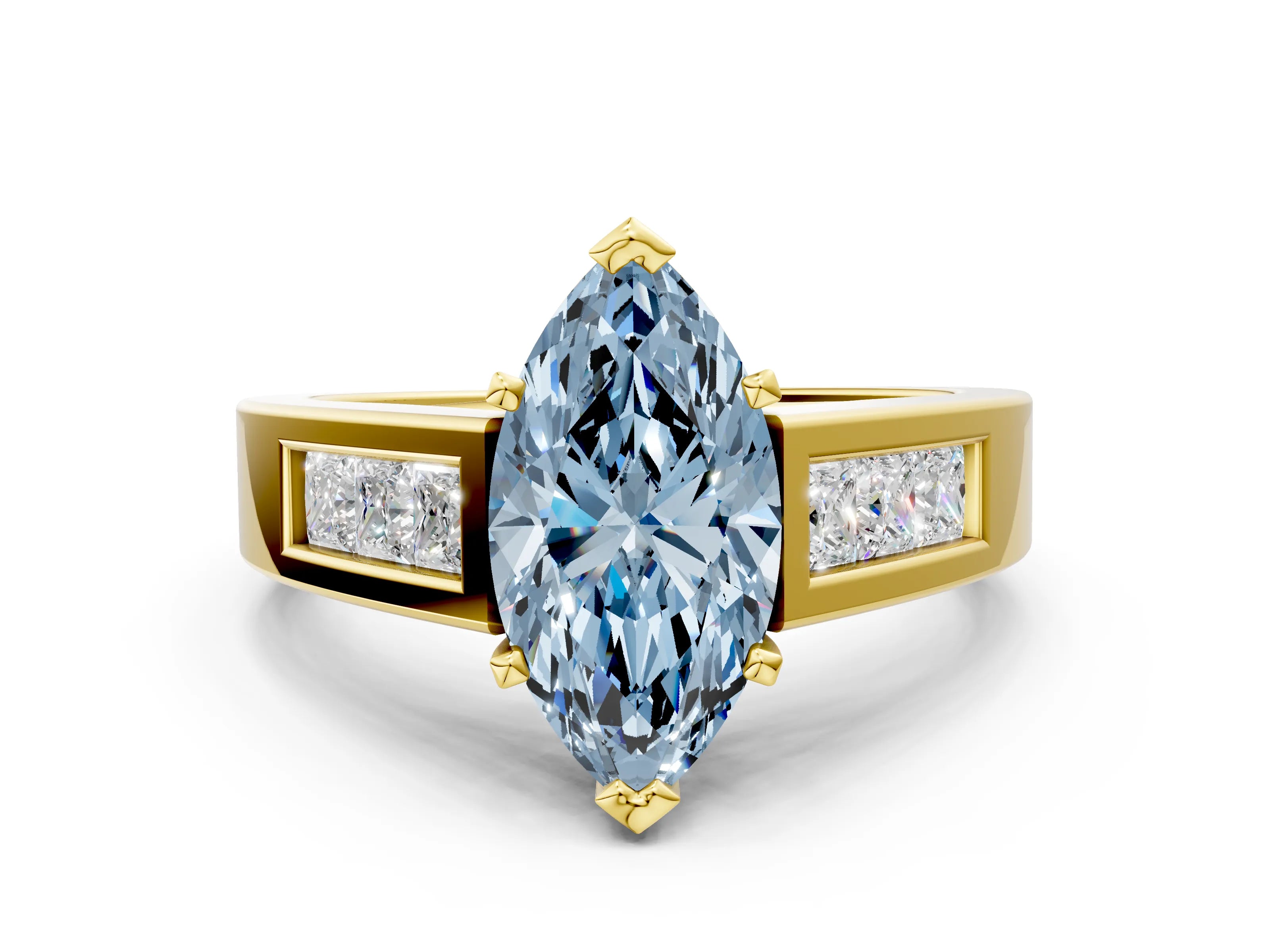 Yellow gold Fancy Blue Marquise Cut Cut Channel Set Solitaire Ring with Four-Prong Setting