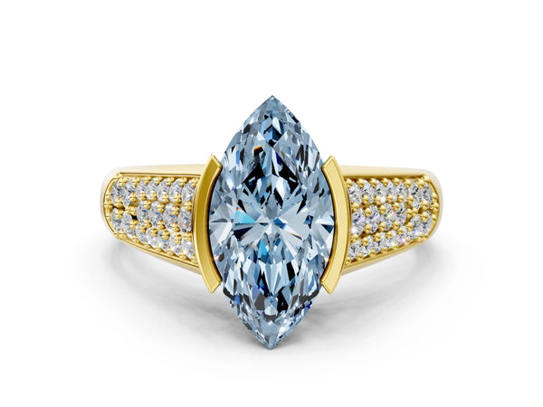 Yellow gold Fancy Blue Marquise Cut Diamond Channel Set Pave Band with Tension Prong Setting