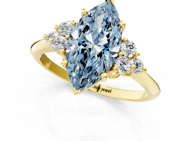 Yellow gold Fancy Blue Marquise Cut Cut Diamond Cluster Ring with Solitaire Band and Four-Prong Setting