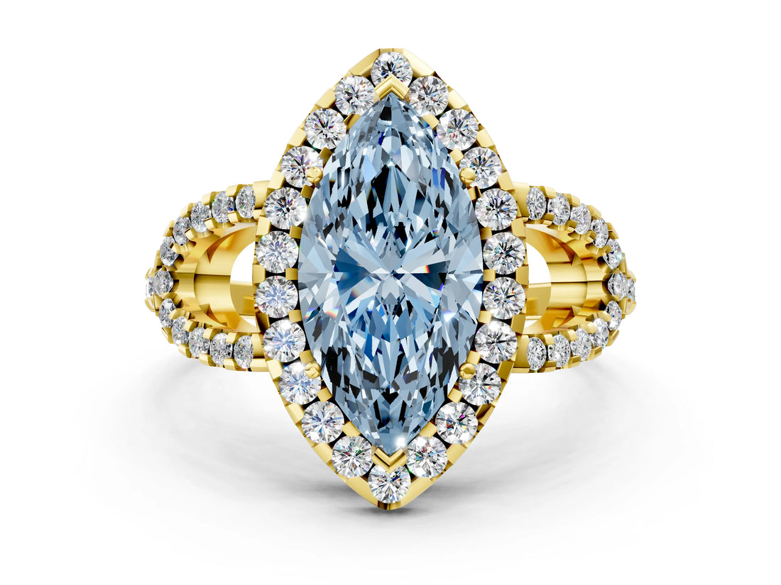 Yellow gold Fancy Blue Marquise Cut Cut Diamond Halo Engagement Ring with Open Split Pavé Band