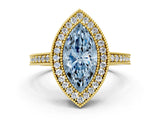 Yellow gold Fancy Blue Marquise Cut-Cut Diamond Halo Engagement Ring with Pave Band and Prong Setting