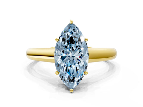 Yellow gold Fancy Blue Marquise Cut Cut Diamond Solitaire Engagement Ring with Tapered Plain Band and Four-Prong Setting