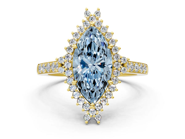 Yellow gold Fancy Blue Marquise Cut Cut Diamond Sunburst Halo Engagement Ring with Pavé Band