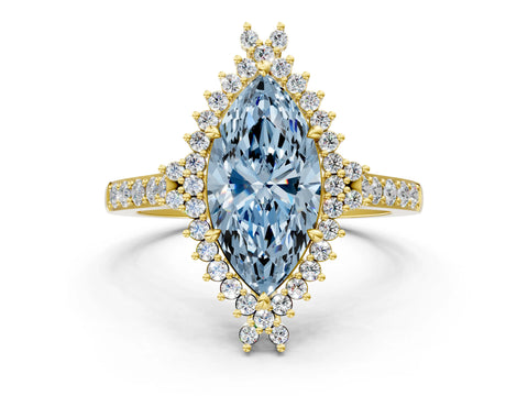 Yellow gold Fancy Blue Marquise Cut Cut Diamond Sunburst Halo Engagement Ring with Pavé Band_12
