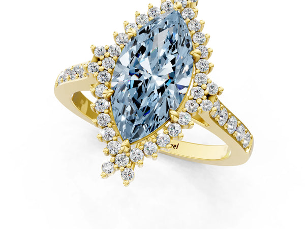 Yellow gold Fancy Blue Marquise Cut Cut Diamond Sunburst Halo Engagement Ring with Pavé Band