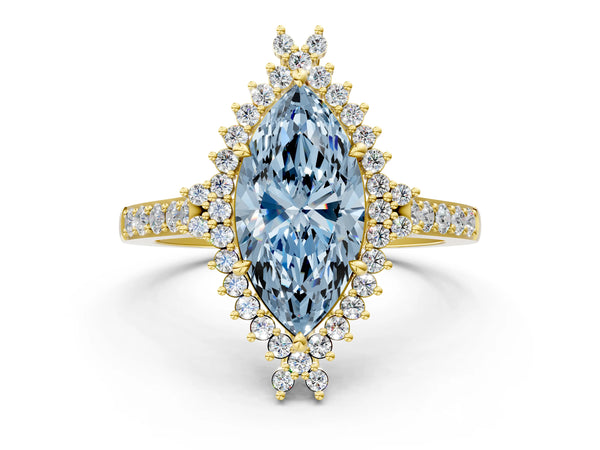 Yellow gold Fancy Blue Marquise Cut Cut Diamond Sunburst Halo Engagement Ring with Pavé Band