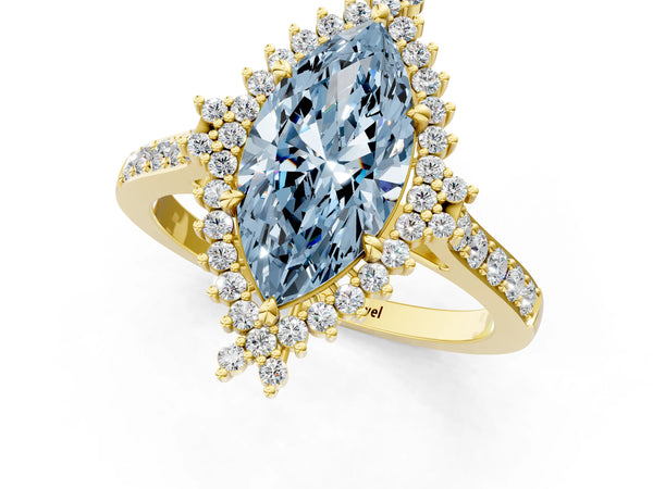 Yellow gold Fancy Blue Marquise Cut Cut Diamond Sunburst Halo Engagement Ring with Pavé Band