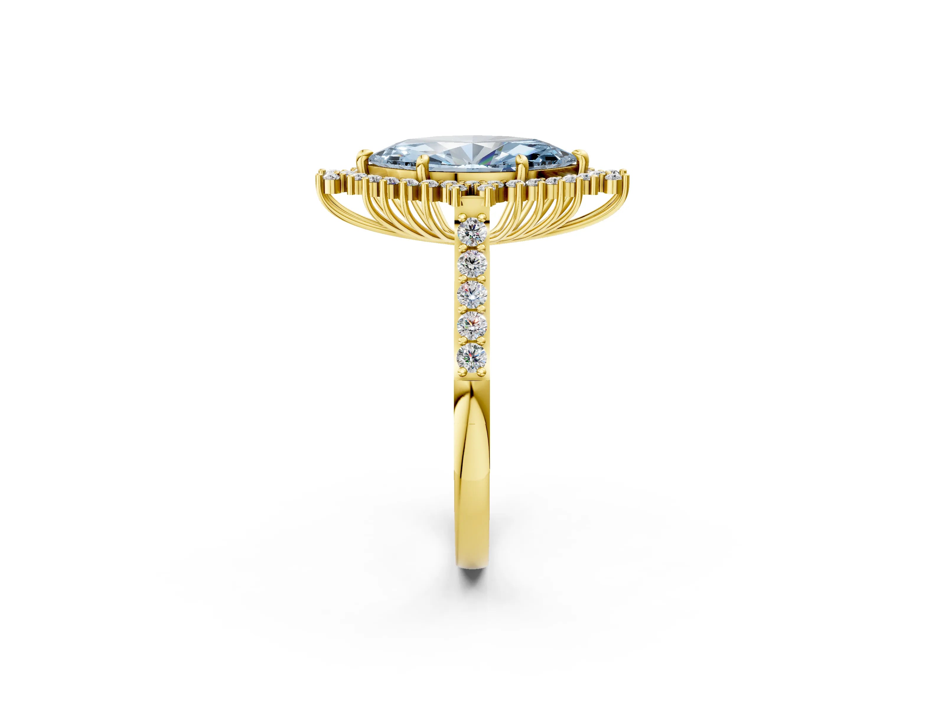 Yellow gold Fancy Blue Marquise Cut Cut Diamond Sunburst Halo Engagement Ring with Pavé Band_26