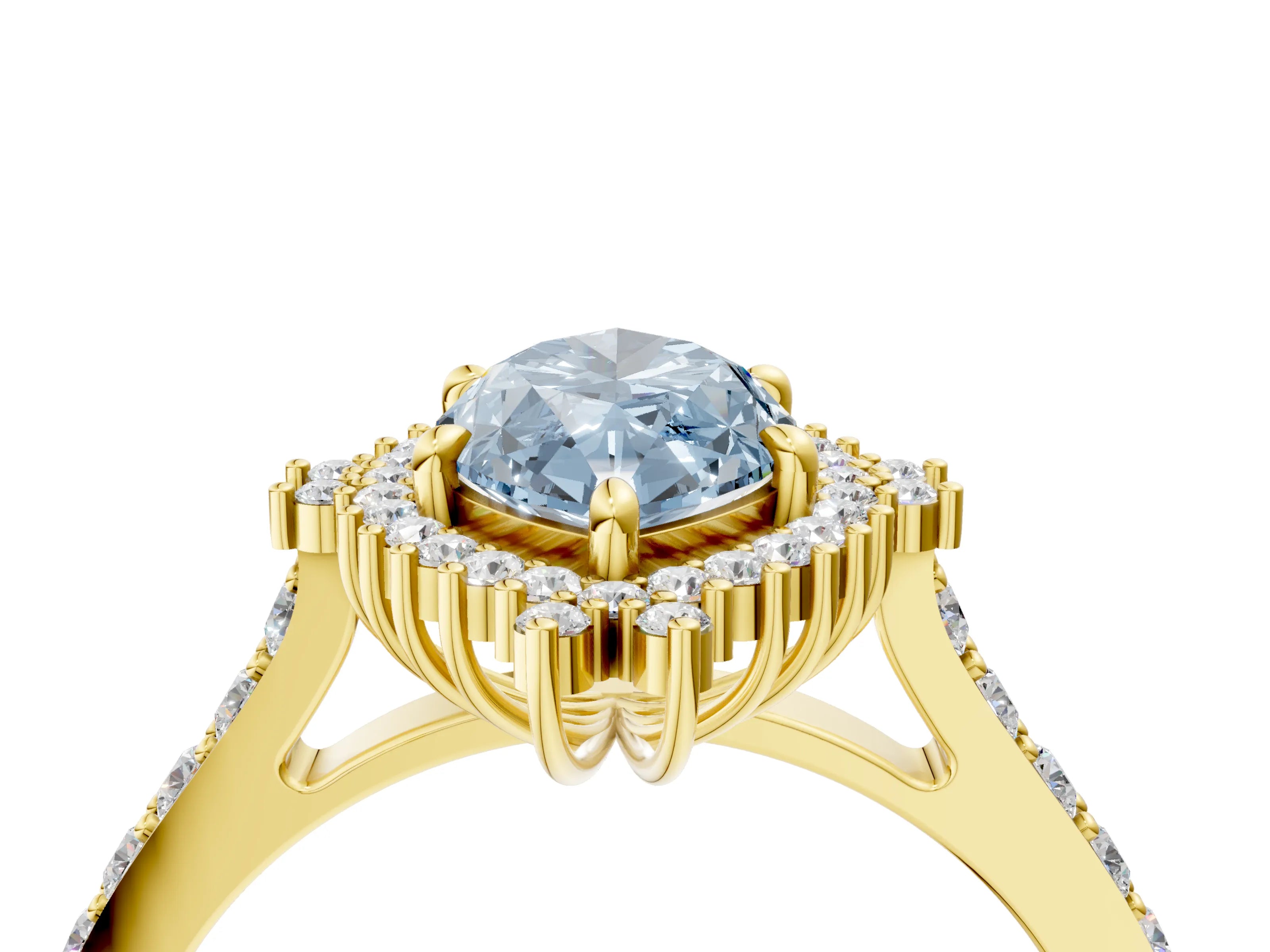Yellow gold Fancy Blue Marquise Cut Cut Diamond Sunburst Halo Engagement Ring with Pavé Band_28