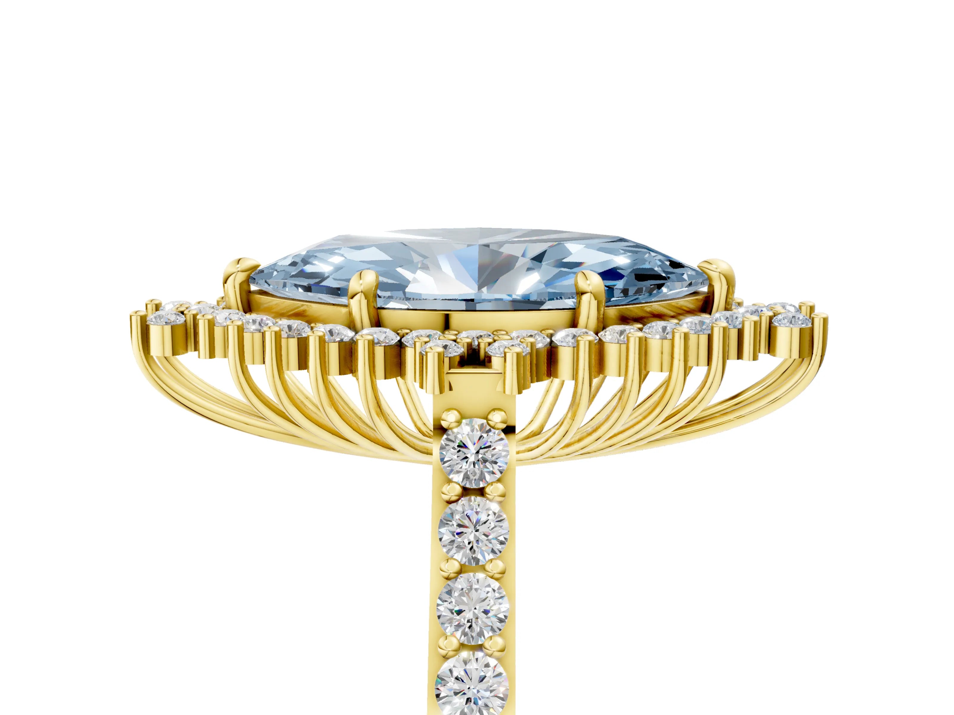 Yellow gold Fancy Blue Marquise Cut Cut Diamond Sunburst Halo Engagement Ring with Pavé Band_5