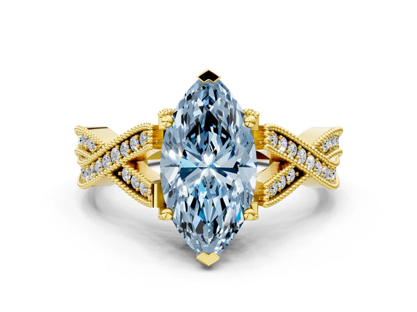 Yellow Gold Marquise Graduated Pave Twist Engagement Ring Setting for Fancy Blue Center