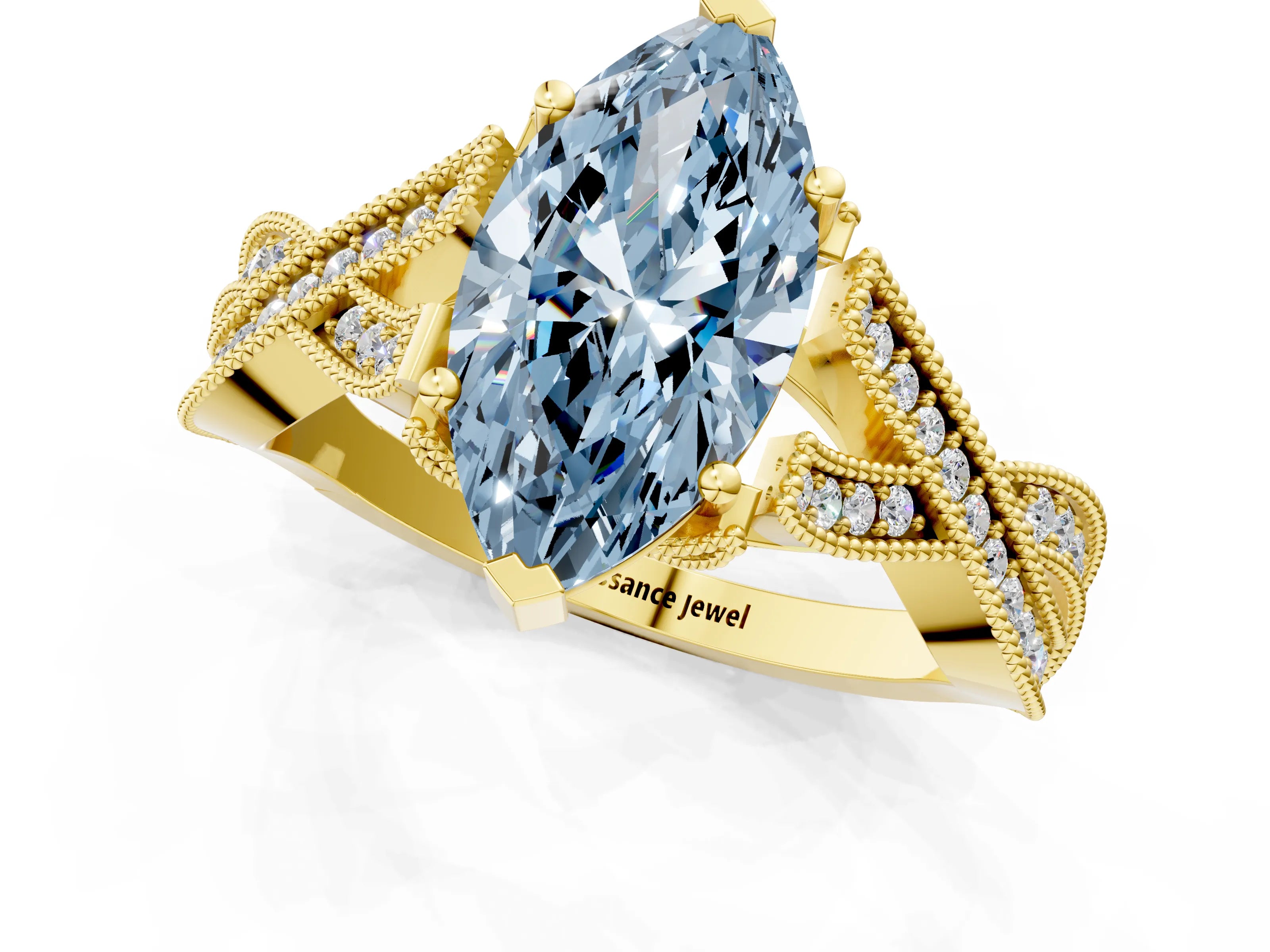 Yellow gold Fancy Blue Marquise Cut Cut Diamond Twisted Band with Milgrain Pave Setting and Four-Prong Setting_1