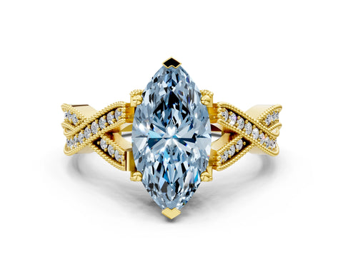 Yellow gold Fancy Blue Marquise Cut Cut Diamond Twisted Band with Milgrain Pave Setting and Four-Prong Setting