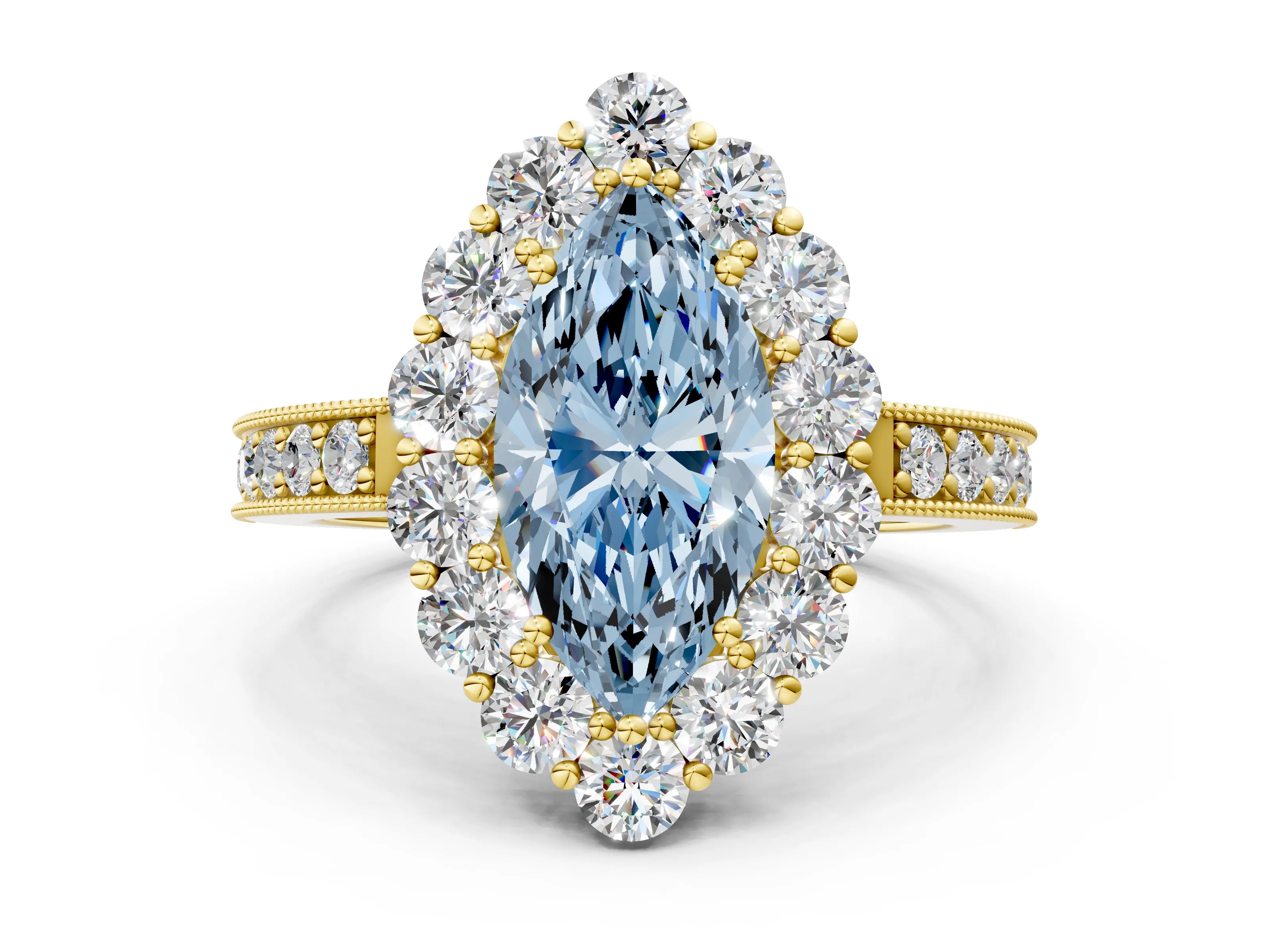 Yellow gold Fancy Blue Marquise Cut Cut Halo Diamond Pavé Engagement Ring with Milgrain Detailing