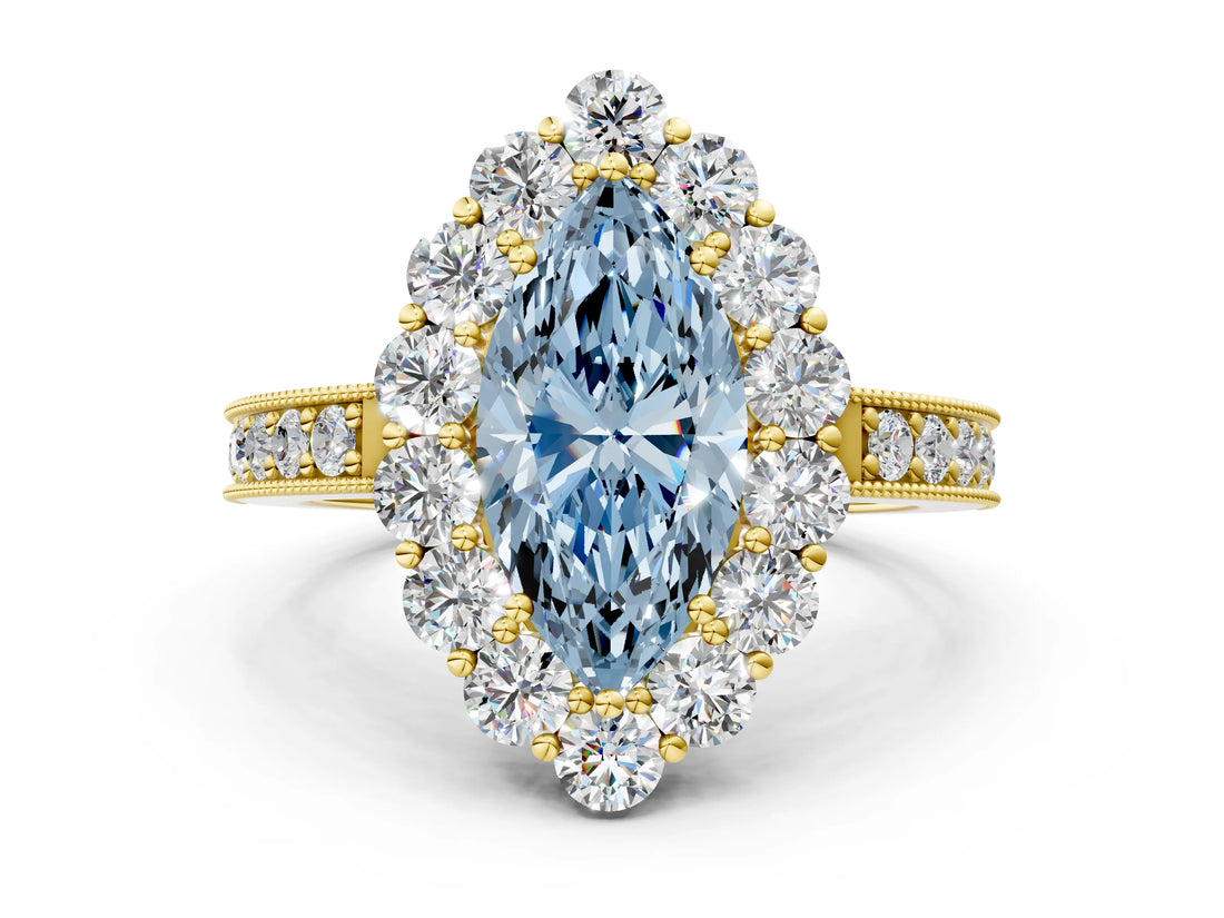 Yellow gold Fancy Blue Marquise Cut Cut Halo Diamond Pavé Engagement Ring with Milgrain Detailing
