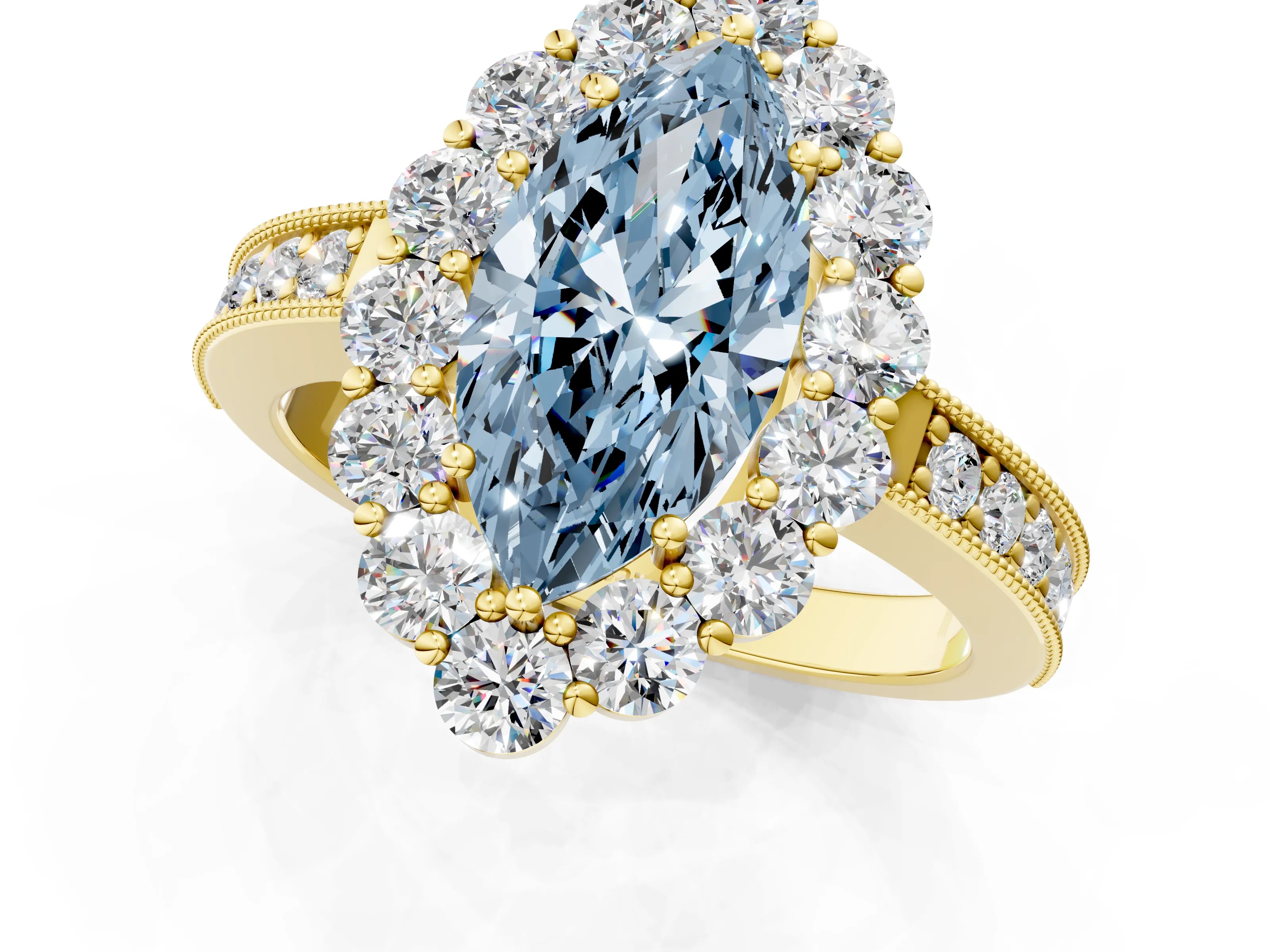 Yellow gold Fancy Blue Marquise Cut Cut Halo Diamond Pavé Engagement Ring with Milgrain Detailing_1