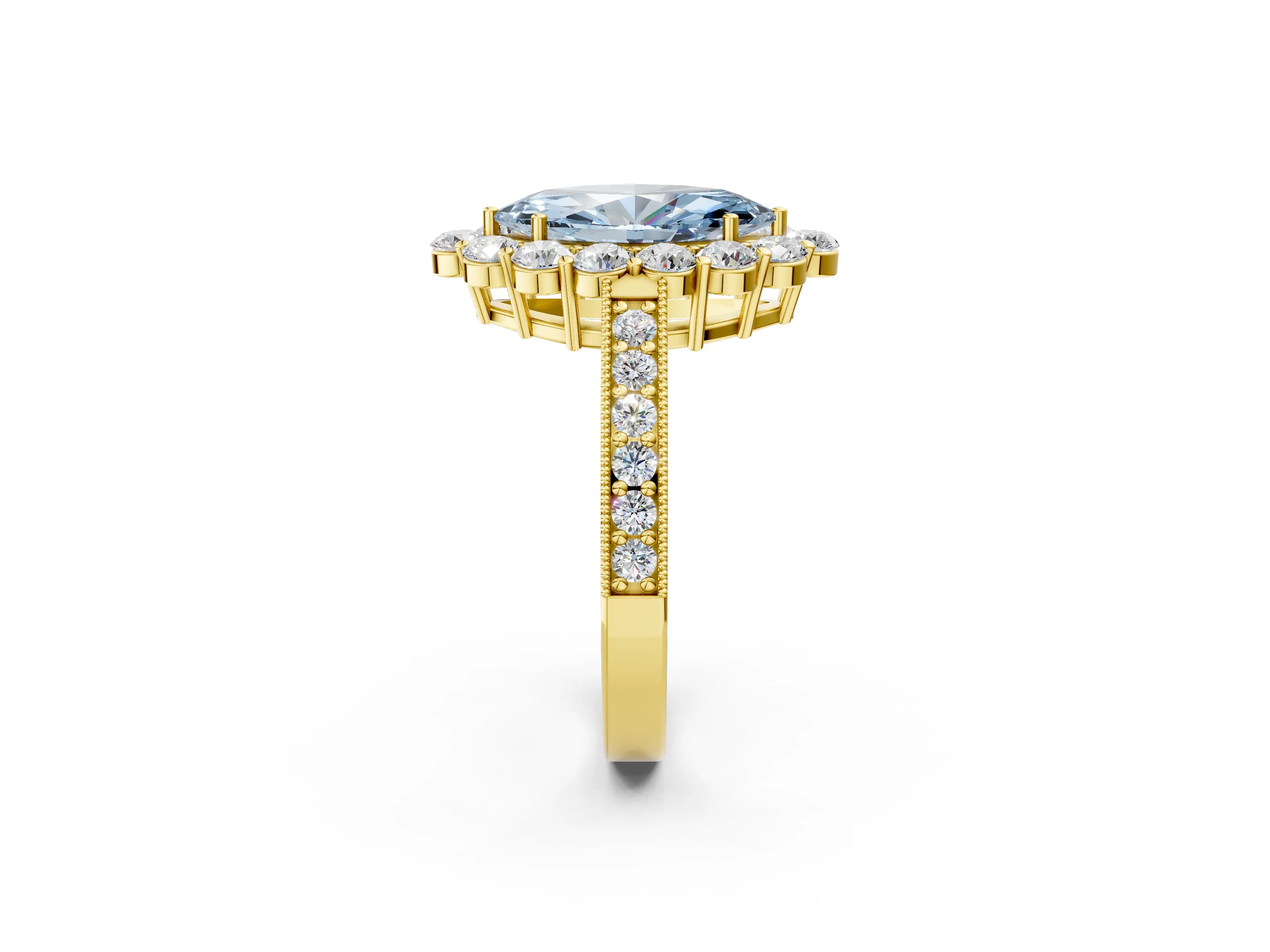 Yellow gold Fancy Blue Marquise Cut Cut Halo Diamond Pavé Engagement Ring with Milgrain Detailing_2